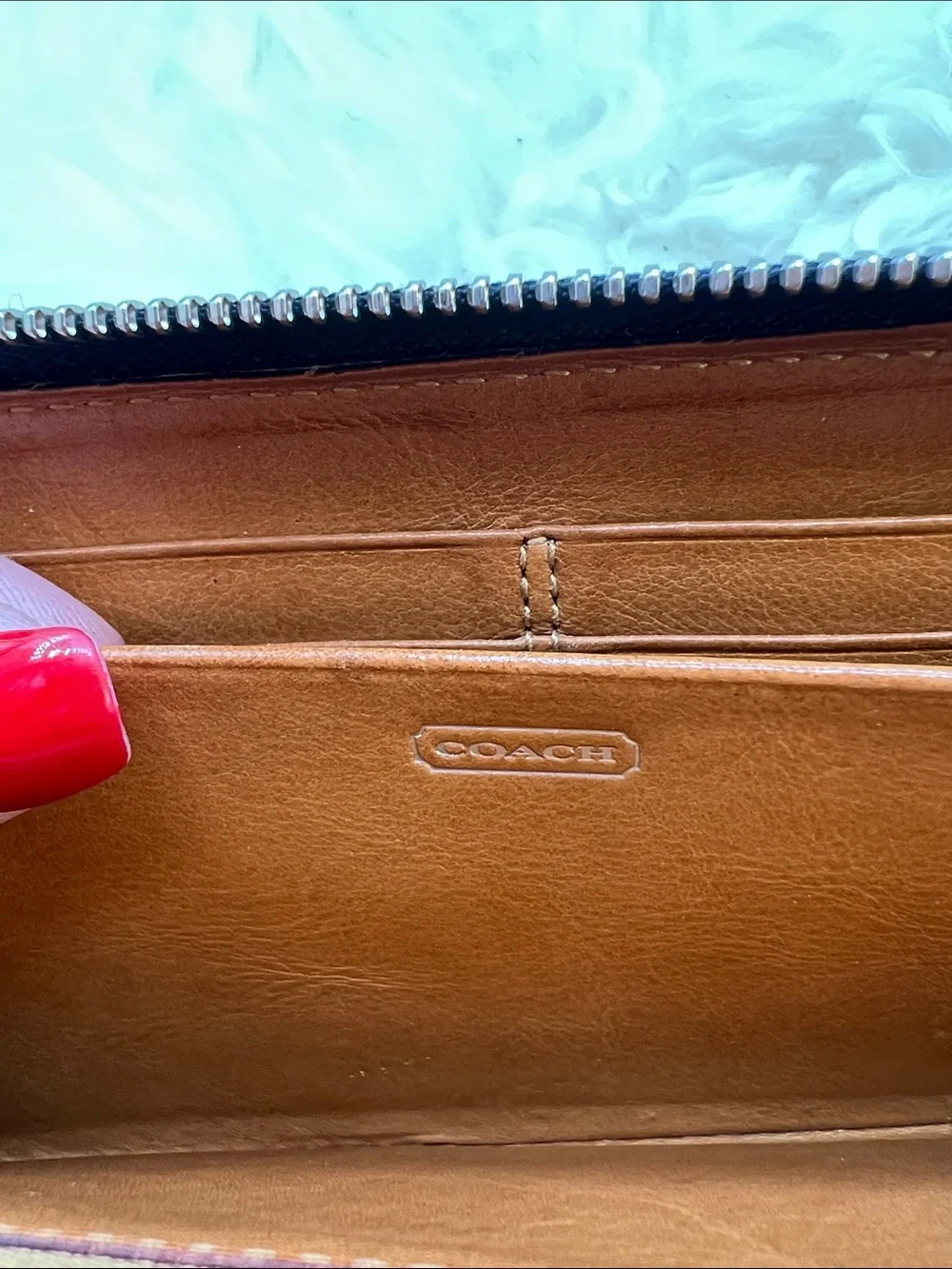 Coach Black Leather Zip Wallet with Teal Stitching